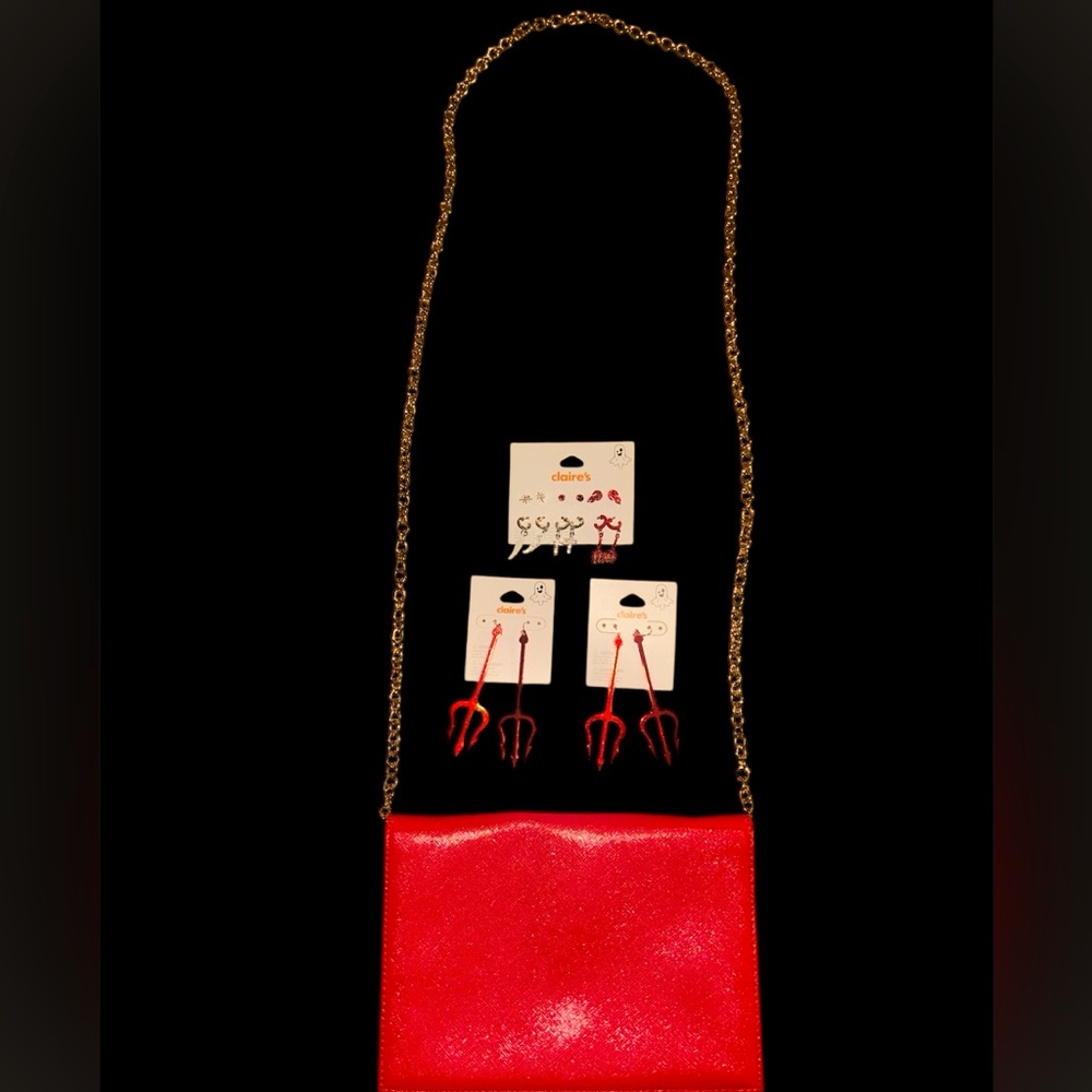 NWOT Red Hot Halogen Crossbody Wallet Bag, with 8 NWT Halloween Themed Earrings